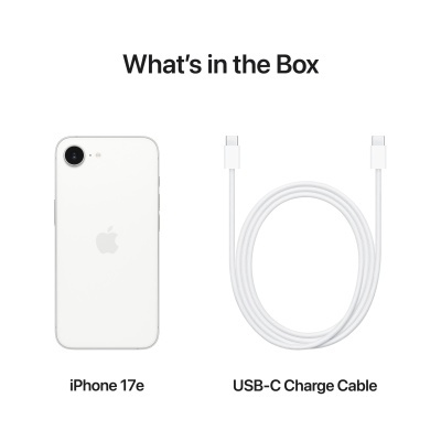 iPhone 17e branco e cabo USB-C de carregamento sobre fundo branco