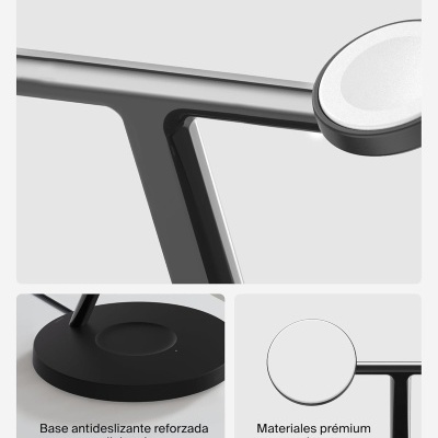 Suporte de carregamento sem fios com base preta e superfície circular branca