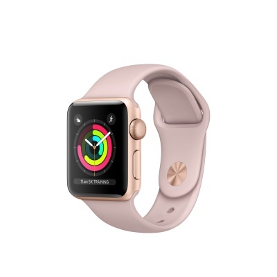 Relógio inteligente dourado com pulseira rosa e ecrã digital colorido