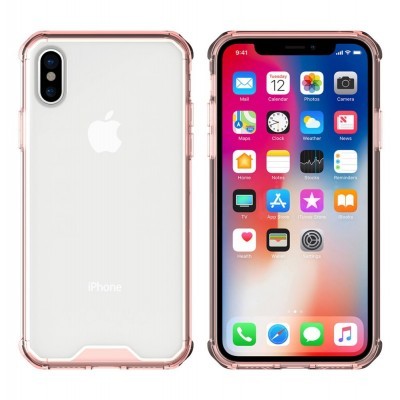 iPhone com capa transparente e bordas cor de rosa mostrando ecrã com aplicações e verso com logótipo da Apple