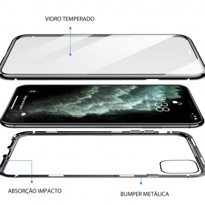 Componentes para smartphone: vidro temperado, smartphone ligado, capa com bumper metálica