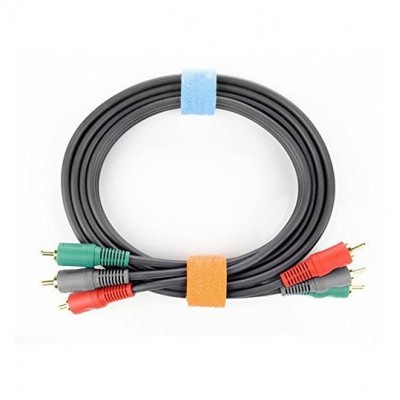 Cabo de áudio e vídeo RCA preto com conectores vermelhos, verdes e azuis