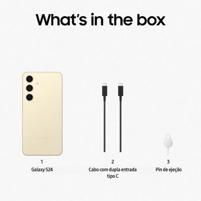 Conteúdo da caixa com Galaxy S24 dourado, dois cabos tipo C pretos e três pinos de ejeção brancos.