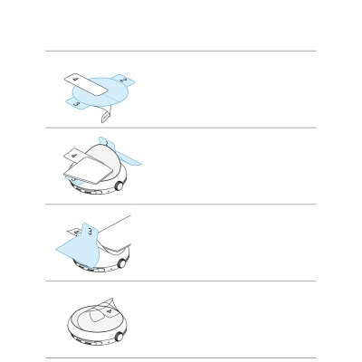 Etapas de montagem de dispositivo com abas azuis e base redonda branca com rodas