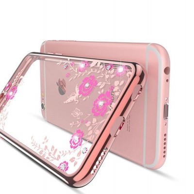 Smartphone rosa com capa transparente floral e moldura rosa metálica