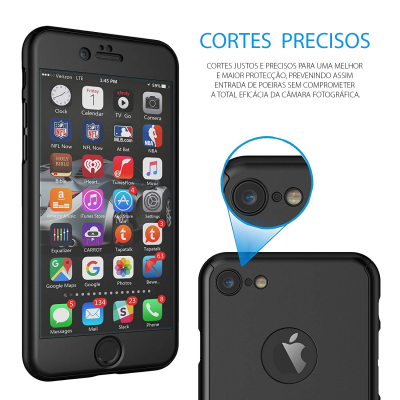 Smartphone preto com capa protetora e texto sobre cortes precisos para proteção da câmara