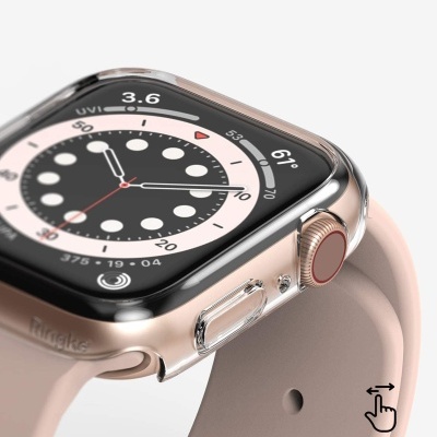 Relógio inteligente rosa claro com caixa prateada e mostrador digital