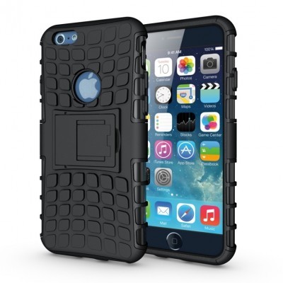 Capa preta texturizada para telemóvel com suportes integrados e iPhone à frente