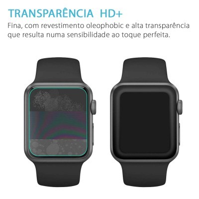 Película protetora transparente para relógio inteligente com texto explicativo em português.