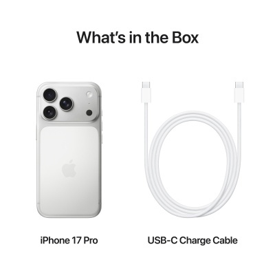 iPhone 17 Pro prata com três câmaras e cabo USB-C branco em fundo branco