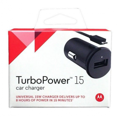 Carregador de carro TurboPower 15 na embalagem branca e vermelha