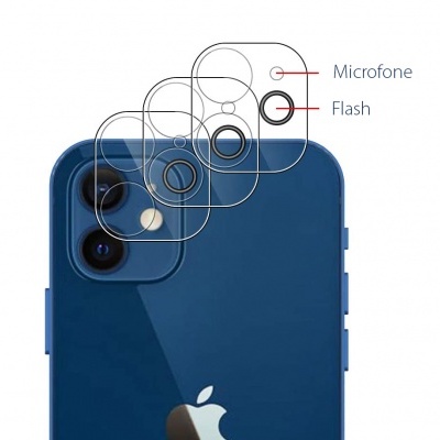 Smartphone azul da Apple com esquema das lentes da câmara mostrando microfone e flash