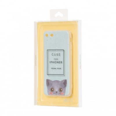 Capa de iPhone 8 azul claro com rosto de gato cinzento