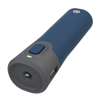 Lanterna azul e cinzenta com botão, indicador luminoso e porta USB