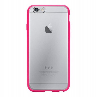 Smartphone iPhone prateado com capa transparente e borda rosa