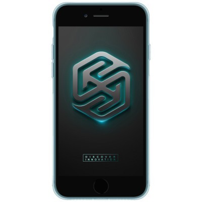 Smartphone com ecrã preto e logotipo azul 3D com texto DISCOVER INNOVATION