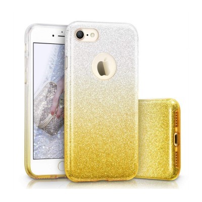 Capa glitter prata para dourado com abertura circular para logo iPhone