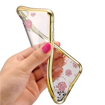 Capa transparente para smartphone com flores cor-de-rosa e bordas douradas