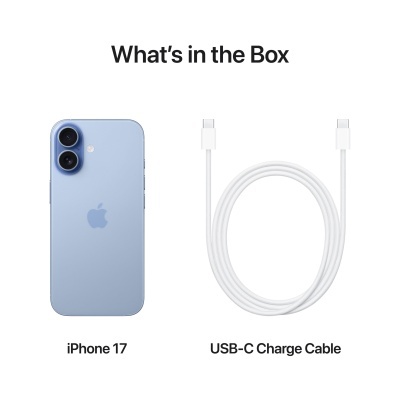 iPhone 17 azul claro e cabo de carregamento USB-C branco em fundo branco