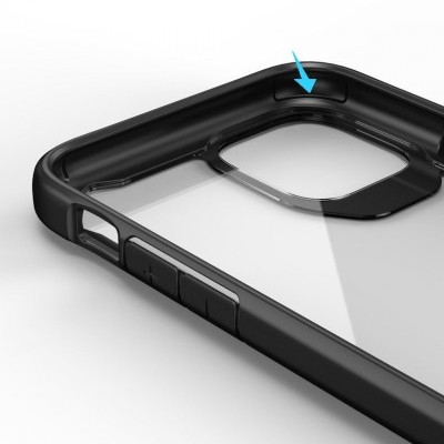 Capa de telemóvel transparente com bordas pretas e botão destacado