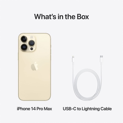 iPhone 14 Pro Max dourado e cabo USB-C para Lightning com texto 'What's in the Box'