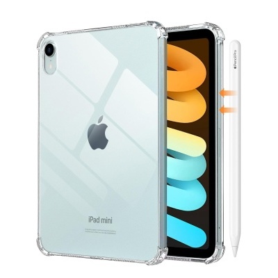 iPad mini azul claro com capa transparente e Apple Pencil Pro branca