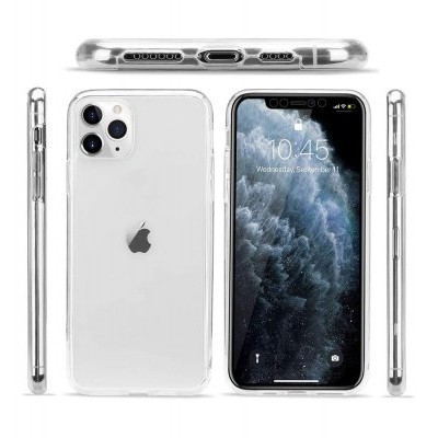 Smartphone Apple com capa transparente visto de várias perspetivas