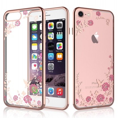 Telemóvel iPhone rosa com capa transparente decorada com flores cor-de-rosa