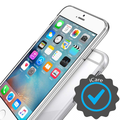 Capa transparente para smartphone com iPhone exibindo ecrã ativo em fundo branco