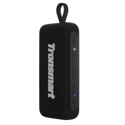 Coluna portátil Bluetooth preta com botões laterais e marca Thomsom