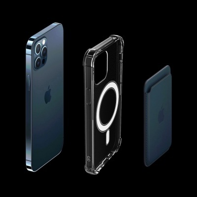 iPhone azul, capa transparente com círculo branco e carteira azul escura com logotipo Apple