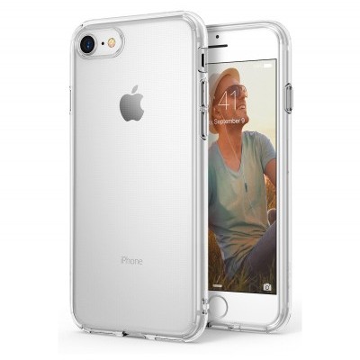 iPhone branco com capa transparente revelando logótipo e fotografia no ecrã frontal.