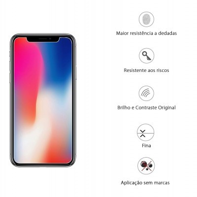 Smartphone com ecrã colorido e texto descritivo em português