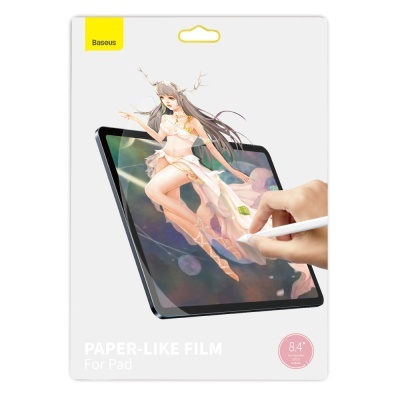 Embalagem Baseus Paper-Like Film para iPad com ilustração e mão a usar caneta digital