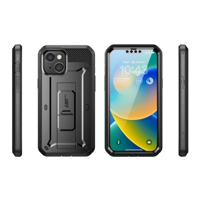 Capa protetora preta para smartphone mostrando diferentes ângulos e ecrã ligado