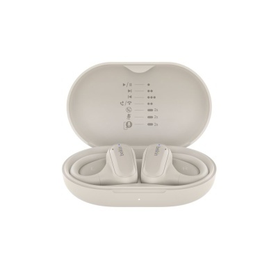 Auriculares Belkin cor bege em estojo de carregamento aberto, fundo branco.