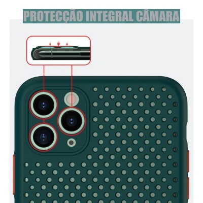 capa verde escura para telemóvel com proteção na câmara e padrão de círculos perfurados