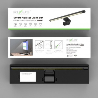 Barra luminosa preta para monitor com embalagem branca e verde da marca RIXUS