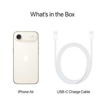 iPhone Air branco com cabo USB-C e texto Whats in the Box