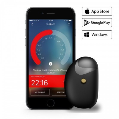 Dispositivo digital preto com smartphone mostrando aplicação móvel de medidor e logótipos de lojas de apps