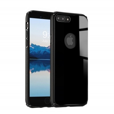 Smartphone preto com capa protetora e ecrã mostrando data e hora