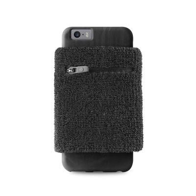 Capa preta para smartphone com bolso de zíper e textura felpuda