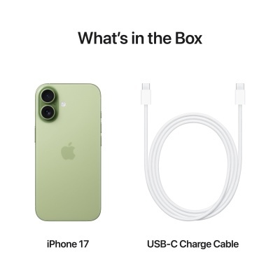 iPhone 17 verde e cabo USB-C branco com texto descritivo