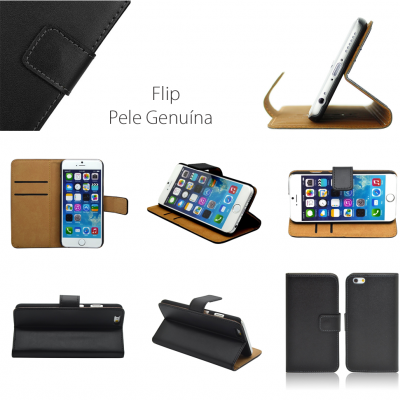 Capa flip de pele genuína preta com interior castanho para smartphone