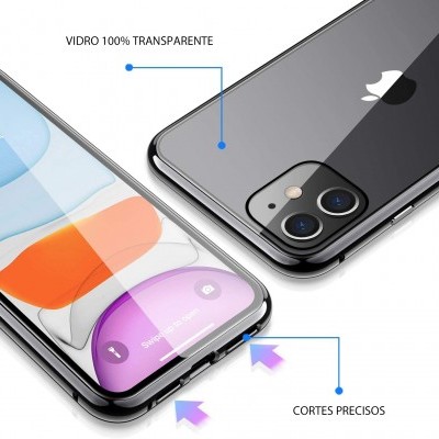 Dois smartphones com capas transparentes e indicações de vidro transparente e cortes precisos