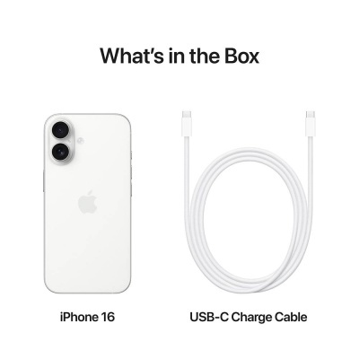iPhone 16 branco e cabo USB-C branco sobre fundo branco com texto 'What’s in the Box'