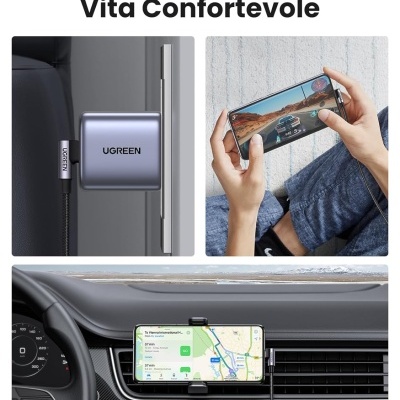 Carregador UGREEN cinza, uso de smartphone para jogos e suporte para telemóvel no carro com mapa.