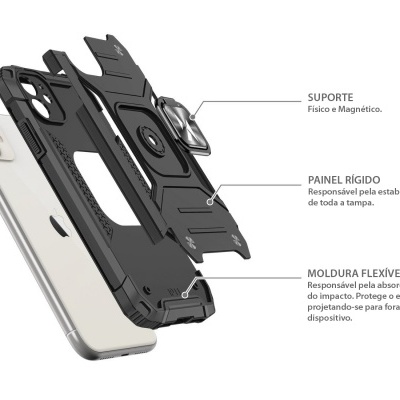 Capa protetora preta para smartphone com suporte, painel rígido e moldura flexível em imagem técnica