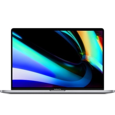 MacBook Pro aberto com ecrã colorido em fundo branco