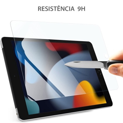 Tablet com película protetora transparente e texto RESISTÊNCIA 9H